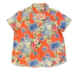 Tommy Bahama Womens Large Orange 100% Silk Tropical Hibiscus Palm Tree Beach Bay
